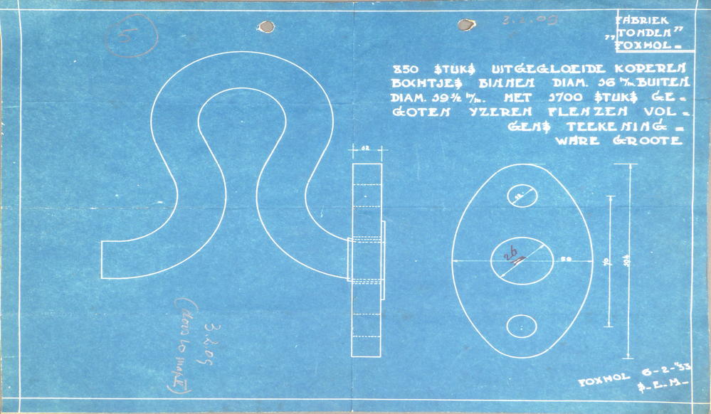 blauwe kleurige rechthoekige papier met rechtsboven witte opdruk Fabriek Tonden Foxhol 850 stuks uitgegloeide koperen bochtjes binnen diam. 16 m/m buiten diam. 19 1/2 m/m met 1700 felnzen volgens teekening ware groote