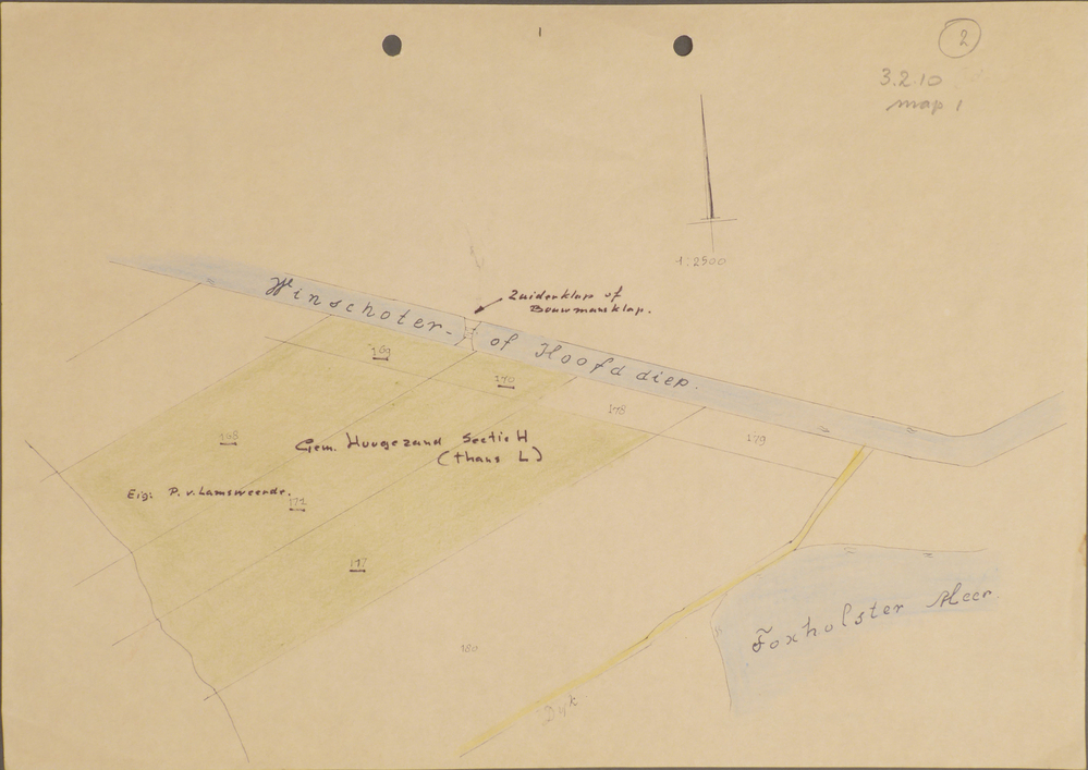 copie van een kadasterkaart op gelig papier, met afbeelding ligging Sectie H (Thans Sectie L) Gemeente Hoogezand aan het Winschoter Hoofddiep