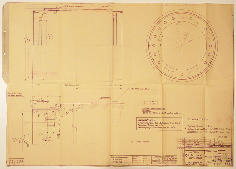 creme kleurige rechthoekige papier met  rechtsonder opdruk Zylindermantel 650 x 600 x 18 verchromt, afkomstig van aardappelmeelfabriek Eureka , later Tonden en W.A.Scholten te Foxhol