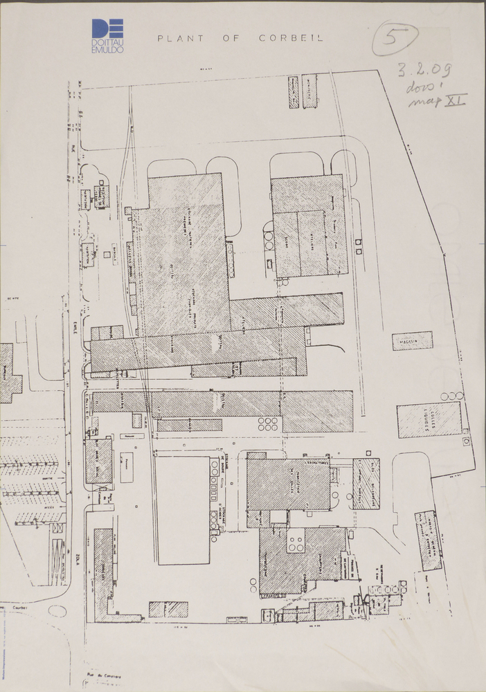 copie van een plattegrond met daarop ligging van een aardappelmeelfabriek met links opdruk plant of corbell