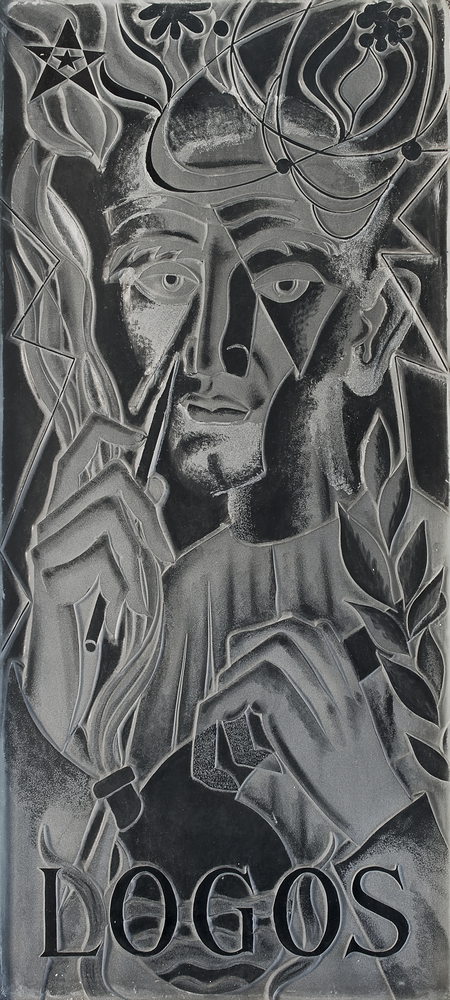 Geëtste en gebeitelde glasraam door kunstenaar Johan Dijkstra. afkomstig uit het oude researchlaboratorium van Avebe te Foxhol. Dit raam draagt het woord Logos, en duidt niet alleen op het woord, maar ook op de rede. De “research” is in dit paneel uitgedrukt door het gelaat van de onderzoeker. Hij “kijkt” en “schouwt” tegelijk en heeft een glazen kolf in zijn ene hand en schrijfstift in de andere om te noteren en te registeren. Boven hem de vlammen der inspiratie, wetenschap en vernuft bestaan niet zonder inspiratie.