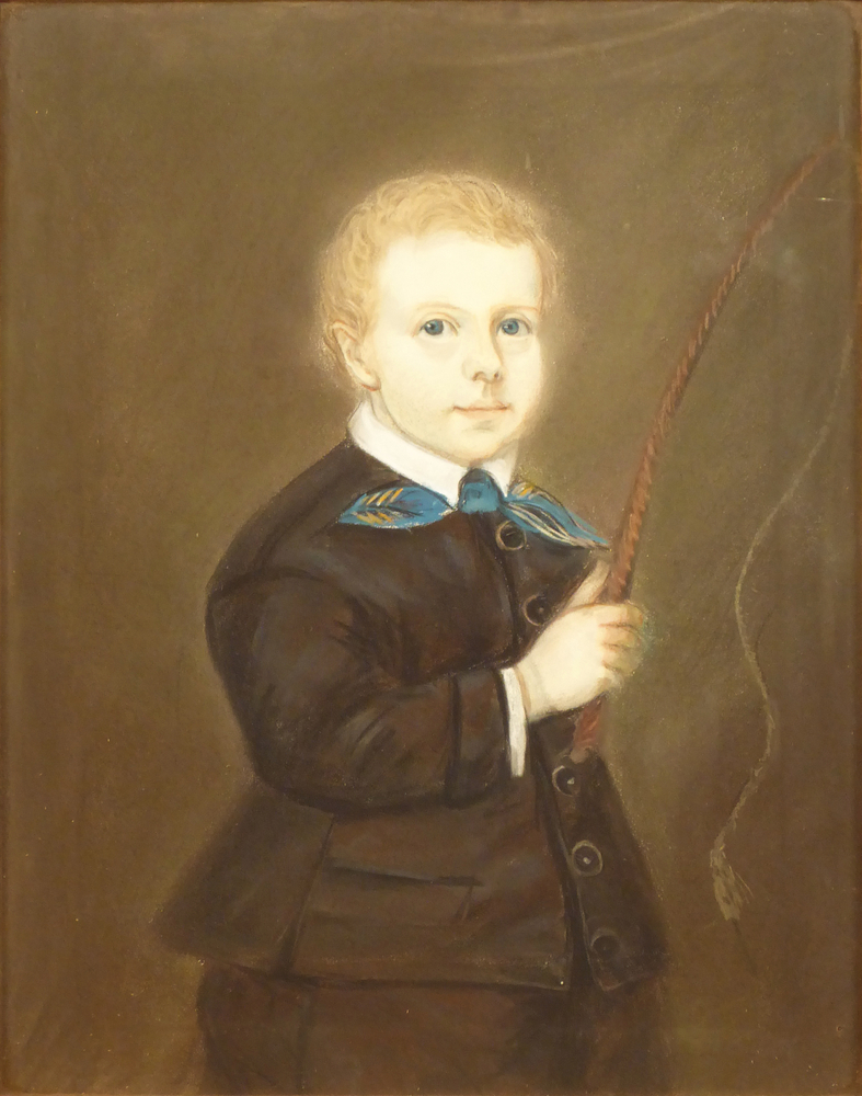 jongensportret in goudkleurige lijst, voorstellende een jongetje met zweep voor op bokkewagen en profil naar rechts met zwarte jak, voorstellende Hoite Smit, leerlooier, geboren 22-04-1854 te Sappemeer, overleden 4-11-1940 te Groningen, zoon van Huge Smit en Trijntje Dallinga, toegeschreven aan kunstenaar Berend Wierts Kunst.