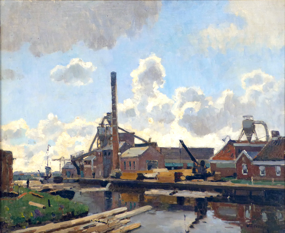 olieverfschilderij op paneel voorstellende houthandel J.M. Meihuizen en Zn (1830-1968), rechtonder gesigneerd W.A.Knip 41. Meihuizen importeerde gezaagd hout uit Scandinavië, Midden Europa, Amerika en had in Rusland zelfs een eigen kantoor. Willem Alexander Knip (1883-1967) wordt gezien als een van de belangrijkst schilders van de Larense school. Hij schilderde vooral landschappen, havengezichten en stadsgezichten. Werken van Knip zijn ook te vinden in het Singer Museum en de Rijkscollectie.
