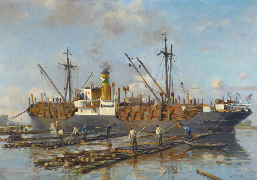 olieverfschilderij op linnen voorstellende het lossen van balken uit een coaster, mogelijk in de haven van Delfzijl. Deze balken waren bestemd voor de scheepsbouw op de Veenkoloniale scheepswerven, rechtsonder gesigneerd W.A.Knip. Willem Alexander Knip (1883-1967) wordt gezien als een van de belangrijkst schilders van de Larense school. Hij schilderde vooral landschappen, havengezichten en stadsgezichten. Werken van Knip zijn ook te vinden in het Singer Museum en de Rijkscollectie.