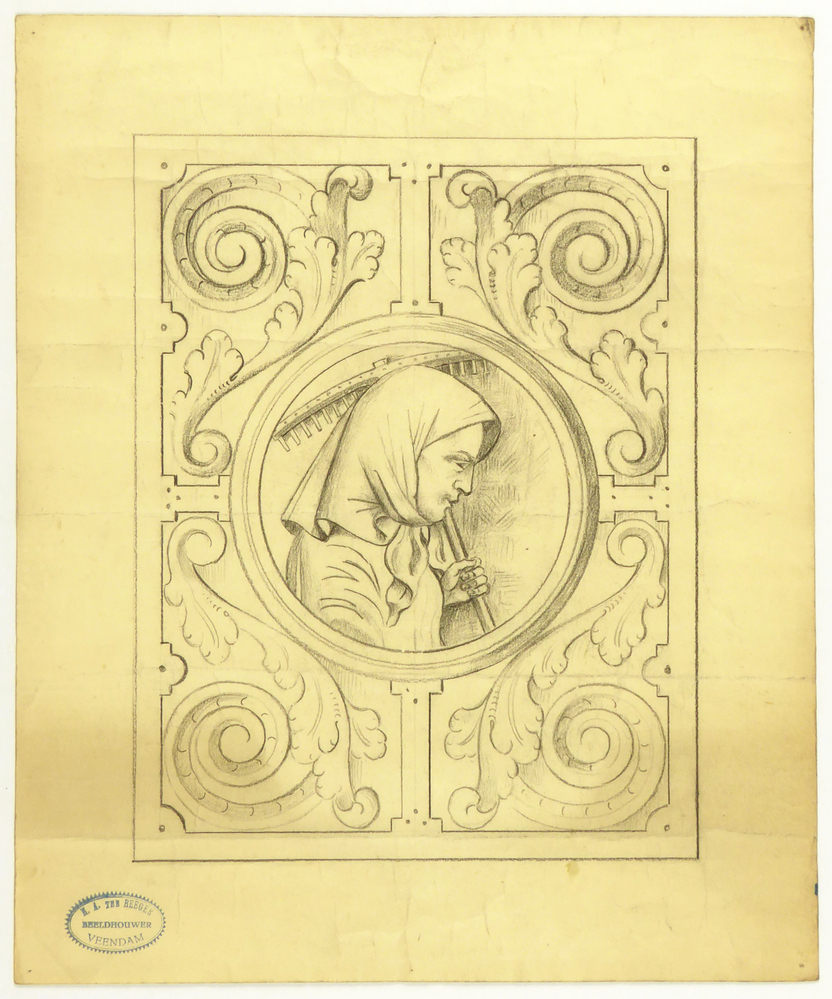 ontwerptekening vrouw met hark en hoofddoek decoratie getekende omlijsting portret in cirkelvormige uitsparing met bladmotieven, herderin