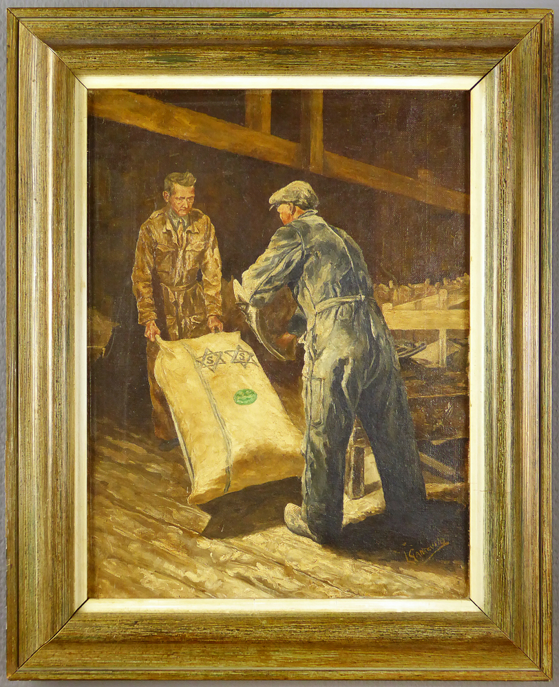 olieverfschilderij in hout met gipsen lijst, voorstellende 2 werknemers van de W.A.Scholtenfabriek te Foxhol in de meelloods bezig om het logo van de fabriek op meelzakken te stempelen, rechtsonder gesigneerd L. Ganzeveld. Louwrens Ganzeveld was oud werknemer van de fabriek. Hij was meer dan 40 jaar in dienst.