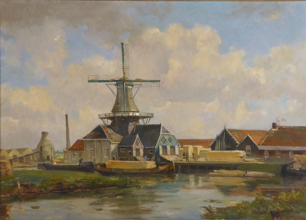 Olieverfschilderij in grauwe dikke gipsen lijst, 88 x 69 cm, rechtsonder gesigneerd W.A.Knip, waarschijnlijk geschilderd aan de hand van een foto voorstellende Houtstek Meihuizen met de houtzaagmolen, rond 1888 vervangen doordat men op elektriciteit overging, rond 1892 verdwenen uit het straatbeeld. Willem Alexander Knip (1883-1967) wordt gezien als een van de belangrijkst schilders van de Larense school. Hij schilderde vooral landschappen, havengezichten en stadsgezichten. Werken van Knip zijn ook te vinden in het Singer Museum en de Rijkscollectie.