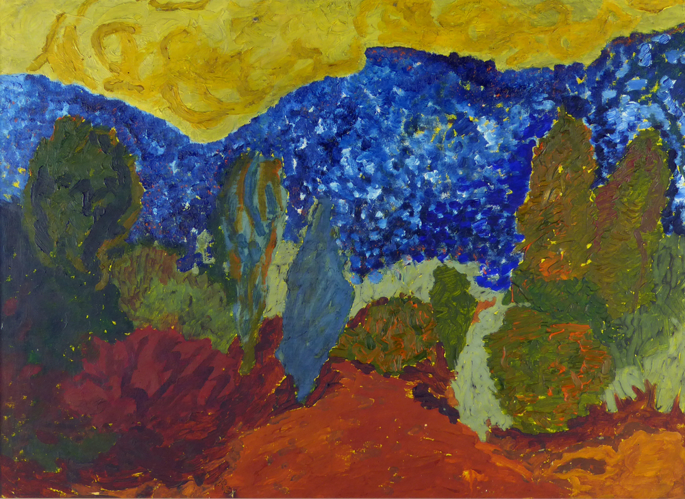 Olieverfschilderij op doek in houten lijst, 74,5 x 56,5 cm, boven gele vlak met daaronder blauw vlak, onderkant iets wat lijkt op groene plantjes of vegetatie, gelijk het interieur vaan een aquarium, ongesigneerd en gedateerd. Geschilderd door kunstenaar Hartlib Rex.