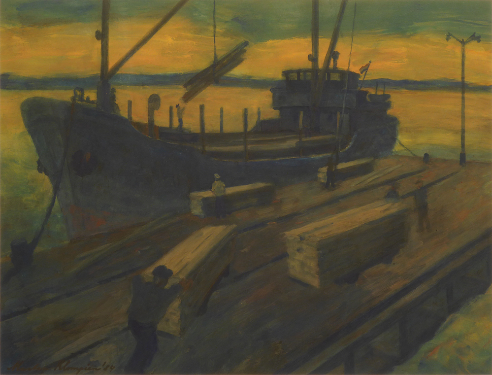 gouache van een coaster liggende aan een pier, waar op dat moment hout wordt geladen via een lier, op de kade staan een aantal 2 tal mannen achter kisten of stapels hout toe te kijken, op de voorgrond twee stapels hout worden versleept op een karretje, linksonder gesigneerd Marten Klompien '84.