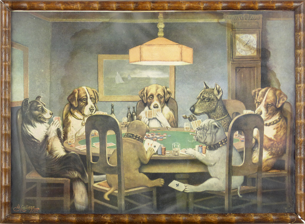 Poker spelende honden, door Cassius Marcellus Coolidge, verwijst naar een vintage schilderij uit 1894,  in 1903 werd hernieuwd een reeks van zestien olieverfschilderijen in opdracht van Brown & Bigelow sigaren reclame gemaakt op dit thema, en een 1910 nogmaals een schilderij. Deze plaat is uitgegeven in de oorlogsjaren 1940 - 1945, en was door de Duitsers verboden.De betekenis van de plaat is als volgt: Buldog ( Engeland ) Collega Buldog ( Amerika ) Windhond ( Rusland ) Hebben samen al het geld. Engeland speelt Amerika de vierde troef toe. Amerika ziet dit niet en krijgt onder de tafel een waarschuwing van buurman windhond.Windhond speelt rustig en houdt zijn meespelers in de gaten. Vervolgens : japan Italie spelen met lege kas en kijken wantrouwend naar de spelers aan de overkant van de tafel. Duitse dog - Duitsland heeft ook geen kas meer. Hij voelt dat er iets gebeurt , maar weet niet wat. Frankrijk speelt wel mee , maar heeft niets in te brengen. Dit alles wordt beschenen door de Oranje lamp.Op het schilderij aan de wand ziet men de opkomende zon boven het wateroppervlak.