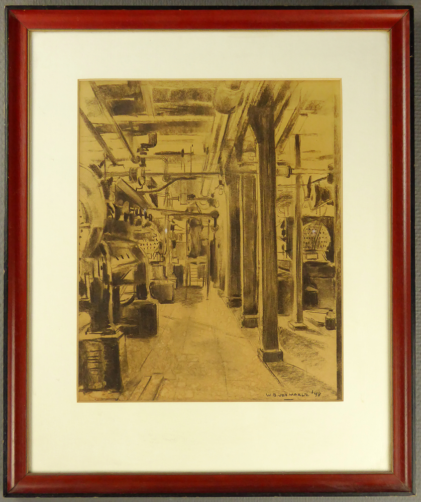 rechthoekige houten lijst met hierin bruine tekening in passepartout voorstellende een fabrieksinterieur van de W.A. Scholtenfabriek, rechtsonder gesigneerd W.B. van Marle '48.