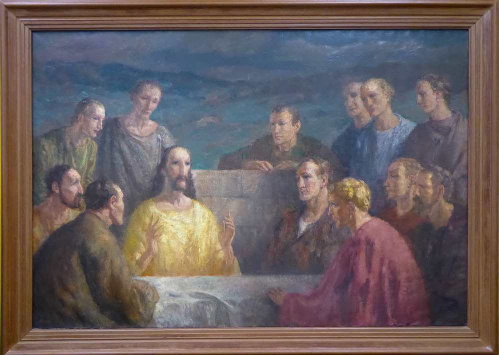 olieverfschilderij op linnen, dikke houten lijst, 130 x 210 cm zonder lijst, 170 x 240 cm met lijst, titel: Jezus en zijn discipelen, voorstellende  Jezus achter een tafel zittend, rondom staan en zitten zijn 12 discipelen aandachtig te luisteren wat hij zegt, linksonder gesigneerd Mees, zonder jaartal. Hing in de Protestante Kerk in het centrum van Veendam.