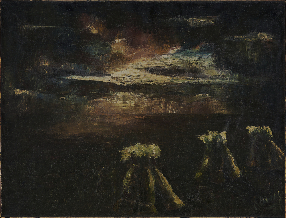 olieverfschilderij op doek met afbeelding korenschoven bij avondgloren. Rechtonder gesigneerd Dorus 40.