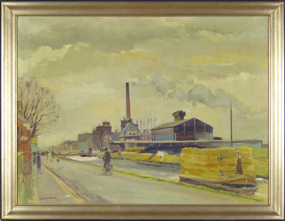 olieverfschilderij op doek met afbeelding fabriek Phoenix te Ommelanderwijk met rechtsvoor in het kanaal een schip geladen met stropakken, linksonder gesigneerd W.B. van Marle 47