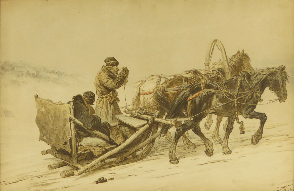 Chromolithografie, 78 cm x 55.5 cm, voorstellende een winterlandschap met paardenslee getrokken door drie paarden in de kleuren wit, bruin en zwart met twee Russische boeren, de voorste steekt net zijn pijp aan, rechtsonder gesigneerd in Russische belettering Pjotr Petrovich Sokolov 1872. Er staat nog een onderschrift op, maar de lijst zit  hier overheen. Waarschijnlijk is dit een boekillustratie. 

De beide stukken zijn begin 1900 uit Sint-Petersburg meegenomen door Dirk Everhard Everts, een van de directeuren van Houthandel J.M. Meihuizen en Z. in Wildervank. Die ging in die tijd kapbalken in Rusland kopen voor de houtzagerij in Wildervank. Op enig moment bezat Meihuizen grote stukken bos, maar die zijn in 1917 natuurlijk ingepikt door de Russische staat.