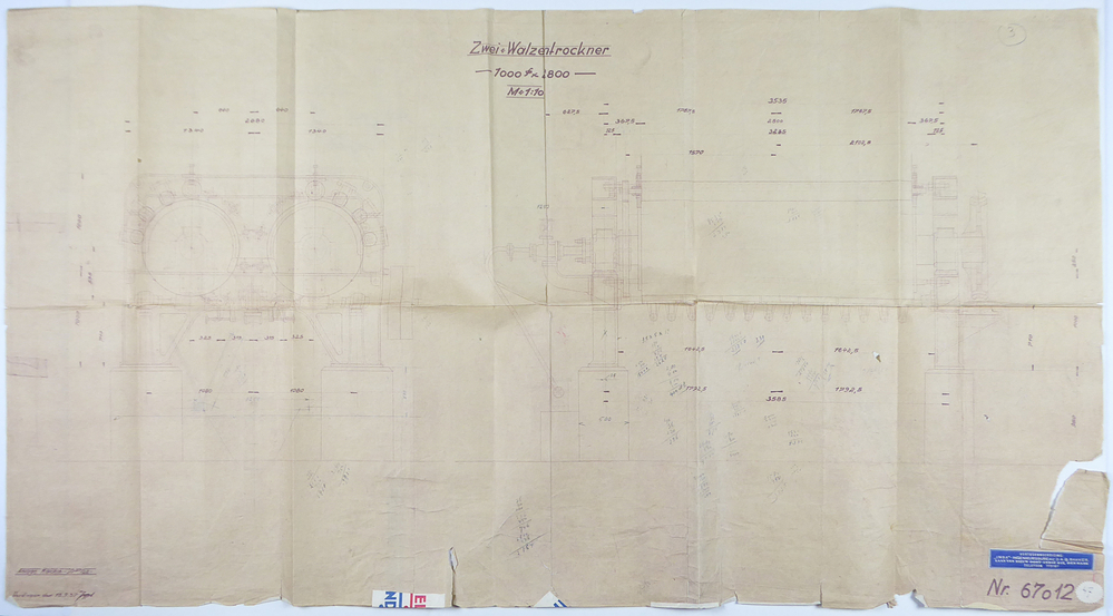 bruin kleurige rechthoekige papier met bruine opdruk Zwei Walztrockner 1000 f 2800 M 1 : 10