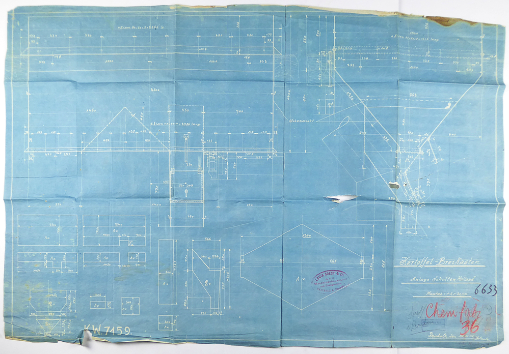 blauwe kleurige rechthoekige papier met witte opdruk Kartoffel Breikasten Anlage Scholten Holland masstab 1: 5,1:20,1: 10