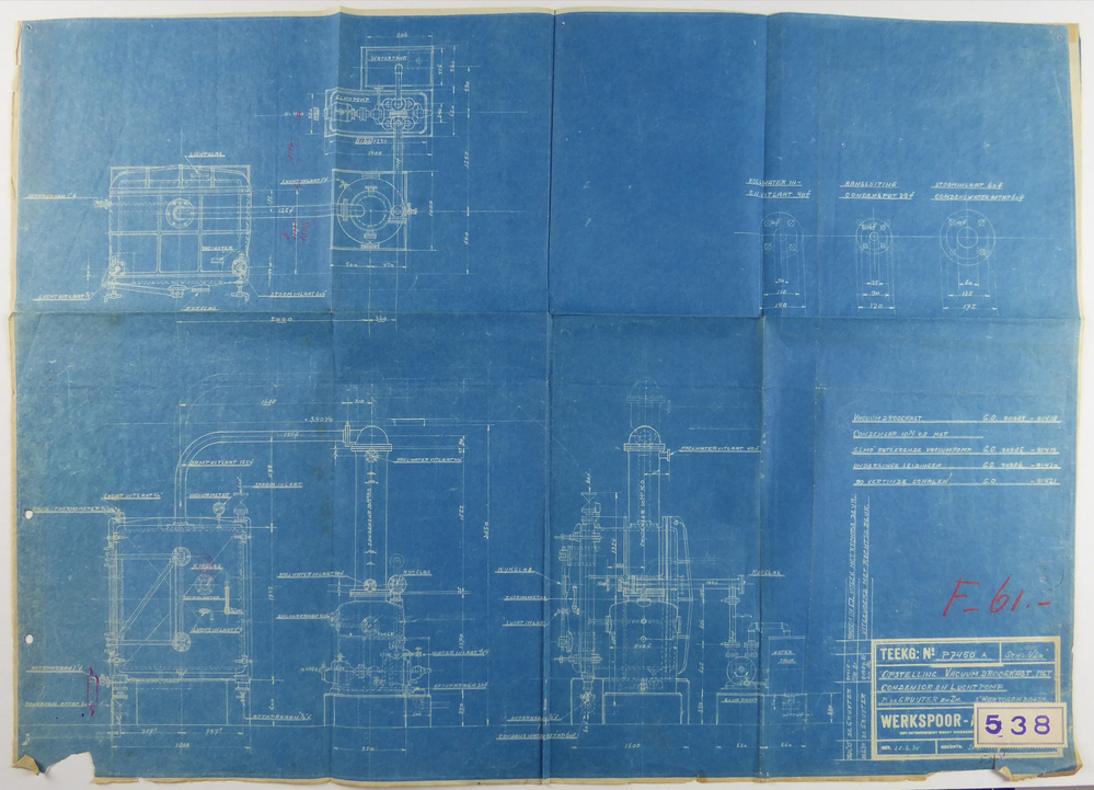 blauwe kleurige rechthoekige papier met witte opdruk Teekg:no p 7450 A sch: 1/20 opstelling vacuum droogkast met condensor en luchtpomp