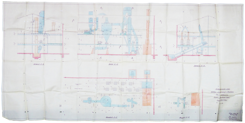 bruin kleurige rechthoekige papier met bruine opdruk Aufstellungsplan eines Buttner - Schnellumlauf - Trockners fur Kartoffelpulpa Anlage : Zuidbroek / Holland Kom RRA 9/ 1701 H= 1:50