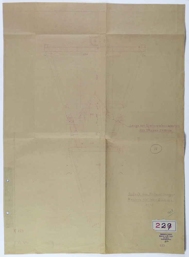 bruin kleurige rechthoekige papier met bruine opdruk Aufriss des Befeuchtigungskastens fur Kr - Gummi 1: 10