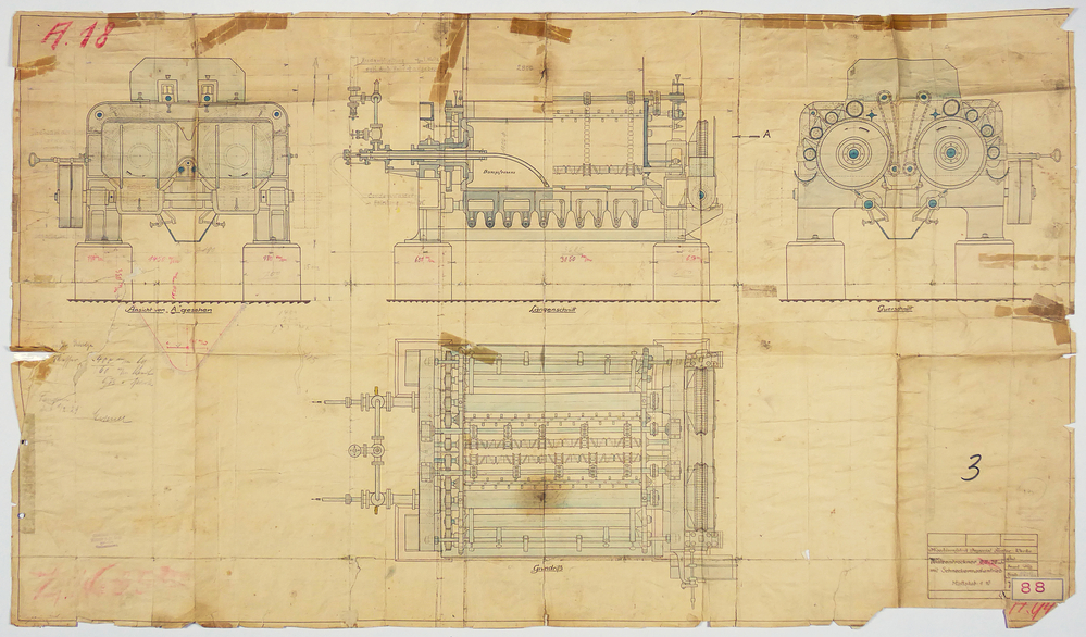 bruin kleurige rechthoekige papier met bruine opdruk Walzentrockner 0,8 x 2,0 mtr mit schneckenradantrieb massstab 1: 10