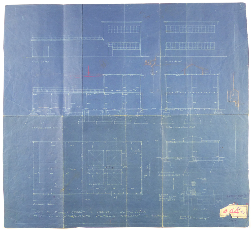 blauwe kleurige rechthoekige papier met witte opdruk plan v/e fabrieksgebouw te Foxhol No 190 voor N.V. W.A. Scholten's Chemische Fabrieken te Groningen