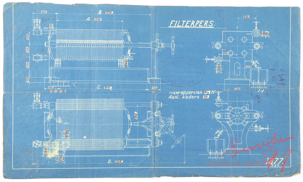 blauwe kleurige rechthoekige papier met witte opdruk filterpers filteroppervlak aant. kaders
