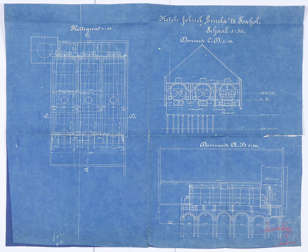 blauwe kleurige rechthoekige papier met witte opdruk ketels fabriek Eureka te Foxhol schaal 1:50 C.D. 1: 50