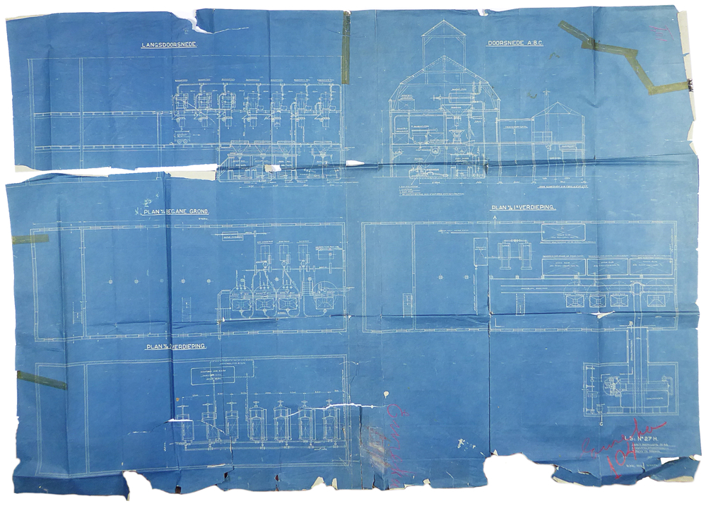 blauwe kleurige rechthoekige papier met witte opdruk Norit installatie in de aardappelstroopfabriek Eureka te Foxhol