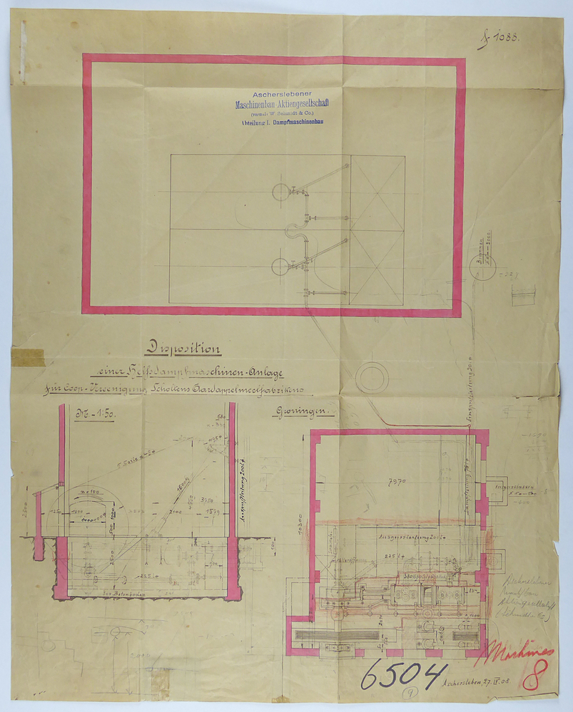 bruin kleurige rechthoekige papier met bruine opdruk Disposition einer heissdampfmachinen - Anlage fur Coop Vereeniging Scholtens aardappelmeelfabrikens Groningen