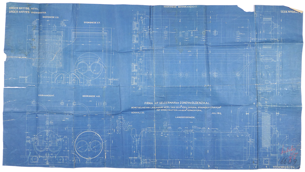 blauw kleurige rechthoekige papier met witte opdruk firma H.P. Gelderman en Zonen te Oldenzaal bemetseling lancashire ketel van 120 m2 verw oppervl stoomdruk 12 UK PCM2 met oververhitter van 90 m2 verw oppervl