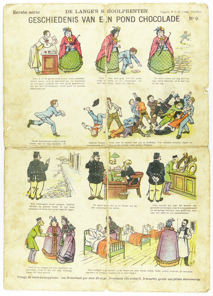 rechthoekig blad papier met daarop in stripverhaal een centsprent met opdruk:  de lange's schoolprenten eerste serie : geschiedenis van een pond chocolade uitgave M.D. de lange Veendam No 9