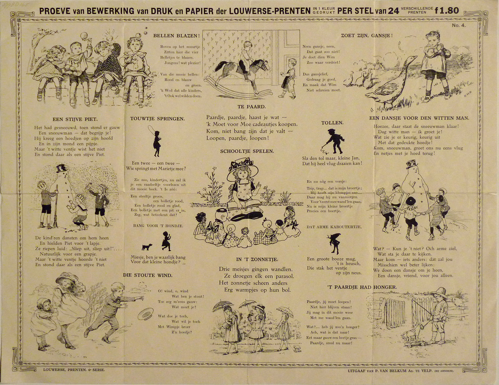 Louwerse's prenten. 6e serie
4. -, Bellen blazen......smul nu maar! Met: bellen blazen, hobbelpaard, kleuter met ganzen, sneeuwpop, schooltje spelen, hoed waait weg, drie meisjes met parasols, jongen met speelgoedpaard en 4 zwartjes,. 9 lith. afgbn., 4 zwartjes, vss.
