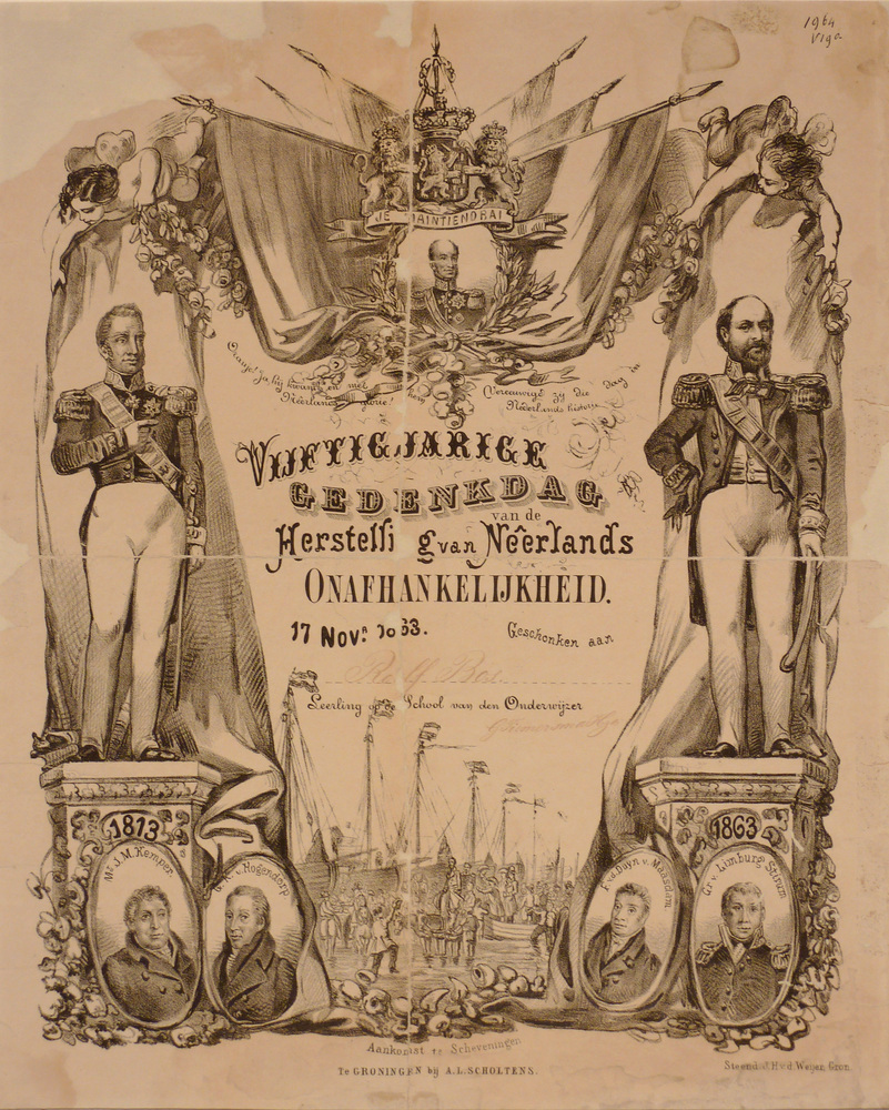vijftigjarige gedenkdag van de Herstelling van Neerlands onafhankelijkheid 17 nov a 1863 geschonken aan Roelf Bos
