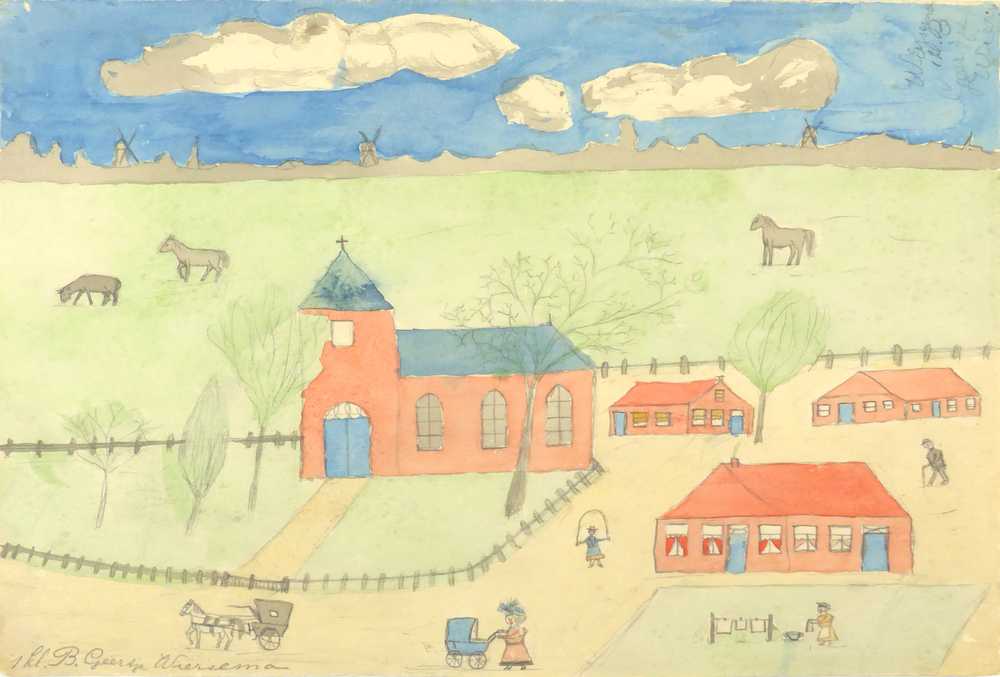 dorpsgezicht met kerk en huizen, paarden in de wei, vrouw die was ophangt, vrouw met kinderwagen, paard en wagen, hek, man met wandelstok