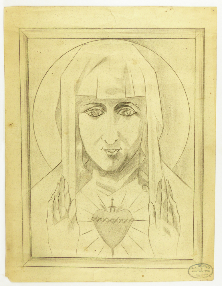 ontwerptekening buste Maria met heilig hart (hart omkranst en doorboord met zwaard) voorstelling omlijst, vermoedelijk ontwerptekening voor relief in houtsnijwerk