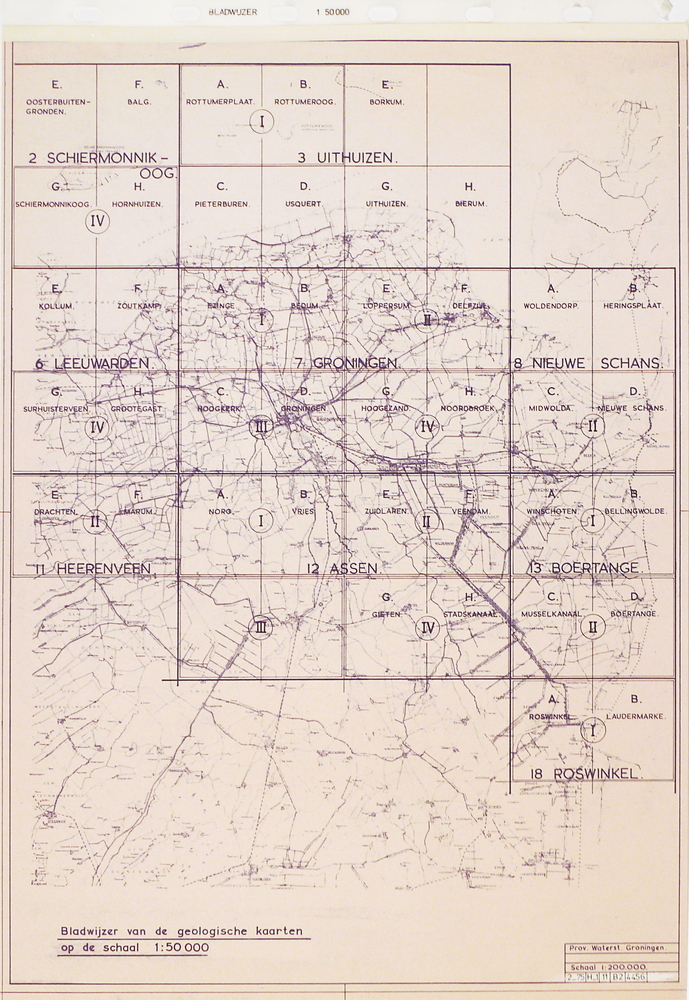Bladwijzer van de geologische kaarten op de schaal 1:50.000.