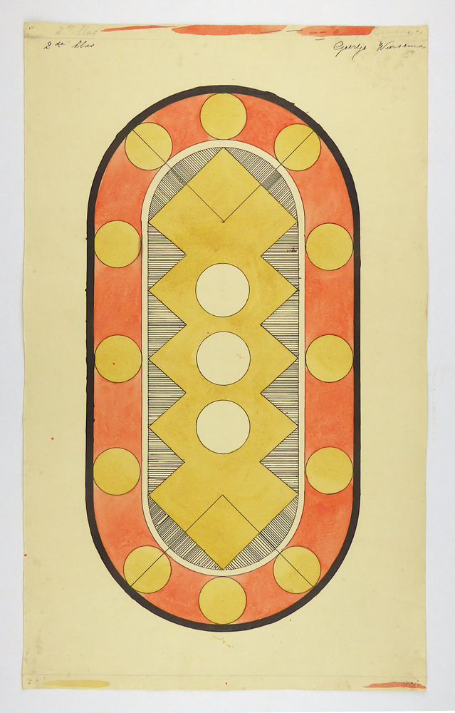 ovaal vormig vlak met in het midden geel zigzagpatroon van 5 overlappende vierkanten met hierin 3 witte cirkels, omvat door dunne witte rand, en de ruimte ertussen opgevuld met gearceerde streepjes, daar om heen oranje dikke rand met 12 gele stippen, daar om heen zwarte rand