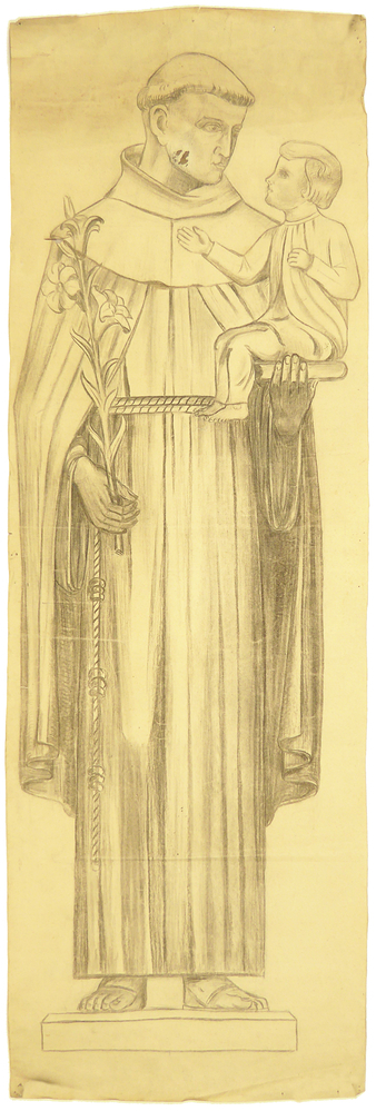 ontwerptekening beeldhouwwerk, vooraanzicht ten voeten uit attributen christuskind en lelietak, Heilige Antonius van Padua