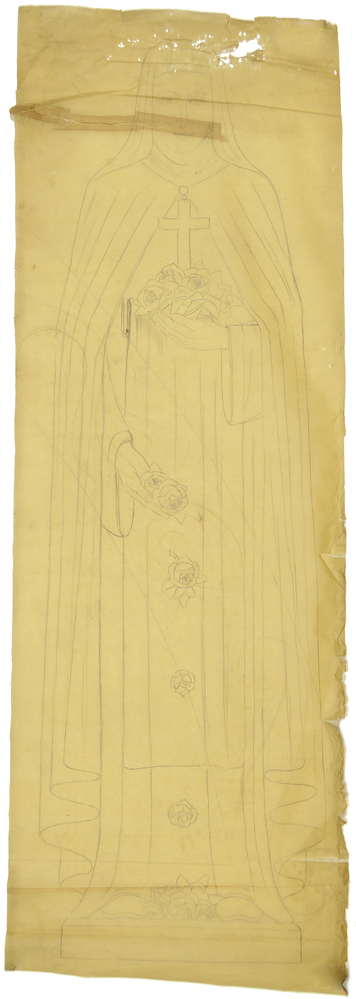 ontwerptekening voorbereidende tekening Heilige Theresia van Lisieux, met crucifix en rozen