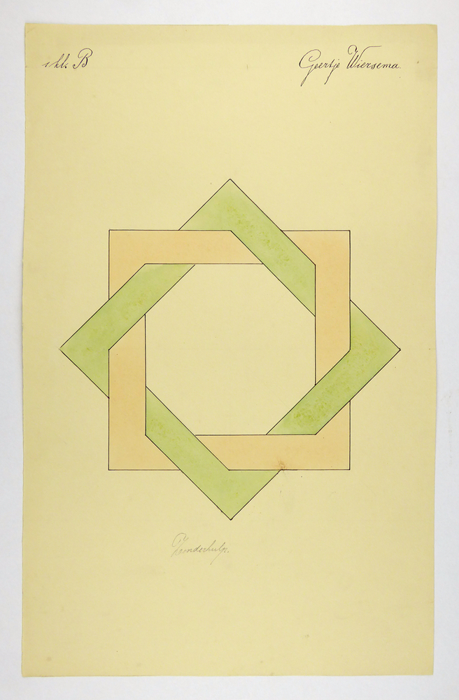 een oranje vierkant met hier in een hoek van 45 graden gedraaide groene vierkant met open binnenkant