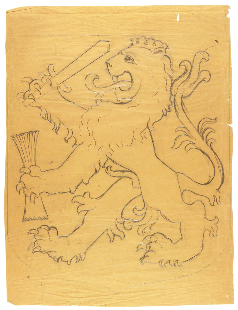 ontwerptekening leeuw, zijaanzicht, decoratieve leeuw met zwaard en nog een lange ongeidentificeerd iets, studie voor of naar wapenschild