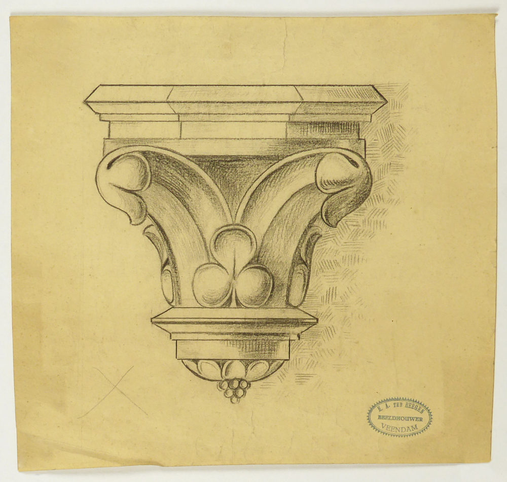 ontwerptekening console, vooraanzicht losse schetsen achterzijde