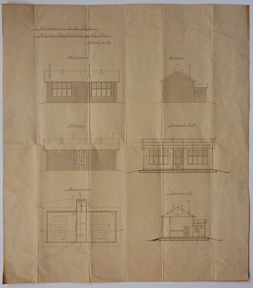 witte rechthoekige stuk papier met daarop tekening van de hulplokalen bij de RHBS te Veendam