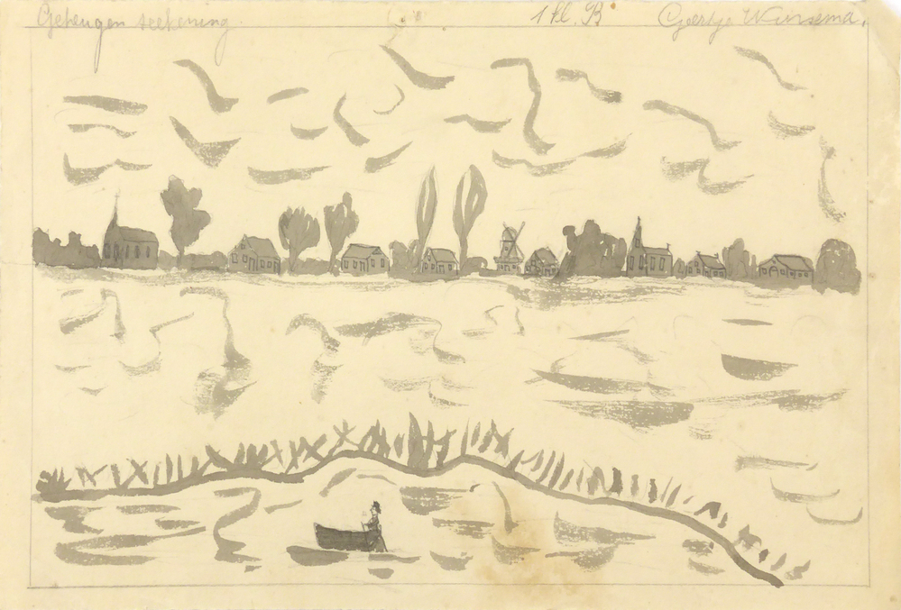 voor een man in een roeiboot, op de achtergrond een dorpsgezicht met bomen, bossen, 6 huizen, 2 kerken en een molen.