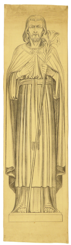 ontwerptekening beeldhouwwerk heilige Jozef, figuur ten voeten uit met lelie, beeld Jozef H. Franciscuskerk Steenwijksmoer,