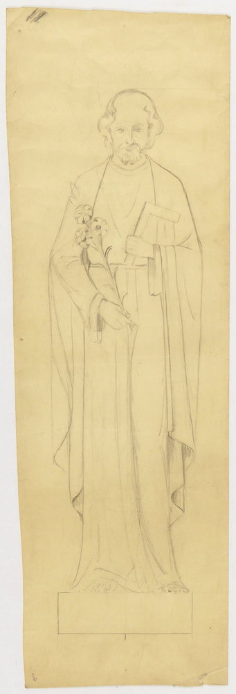 ontwerptekening beeldhouwwerk vooraanzicht Heilige Jozef met lelie en winkelhaak