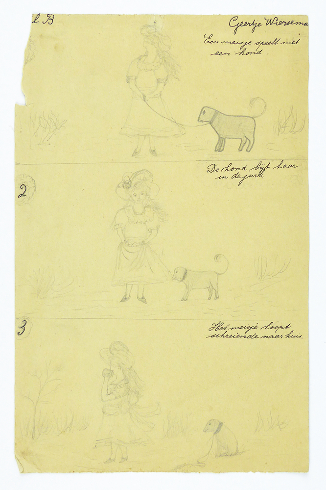 drie tekeningen met daaronder de tekst: een meisje speelt met een hond, de hond bijt haar in de jurk, het meisje loopt schreiende naar huis