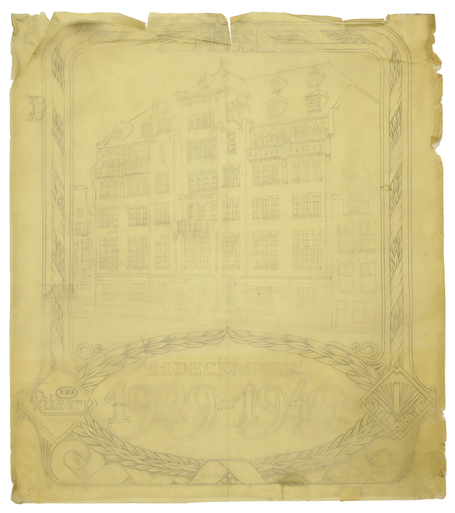 ontwerptekening gedenkplaat voor houtrelief t.g.v. 20 jarig jubileum RWA Rikkers, afbeelding voorgevel gebouw 21 December 1929 - 1949