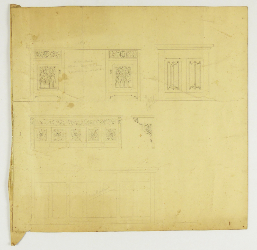 ontwerptekening bureau voor, achter en zijaanzicht met afmetingen en aantekeningen fragment met ornamentontwerp op transparant papier geplakt.